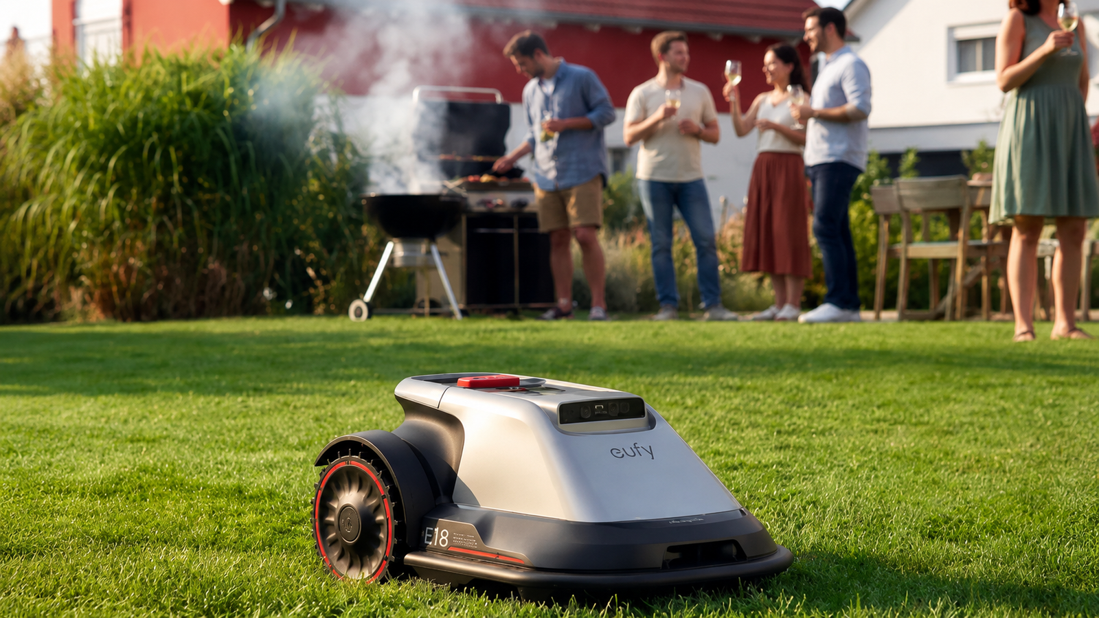 Eufy Mähroboter mäht Rasen während einer Gartenparty