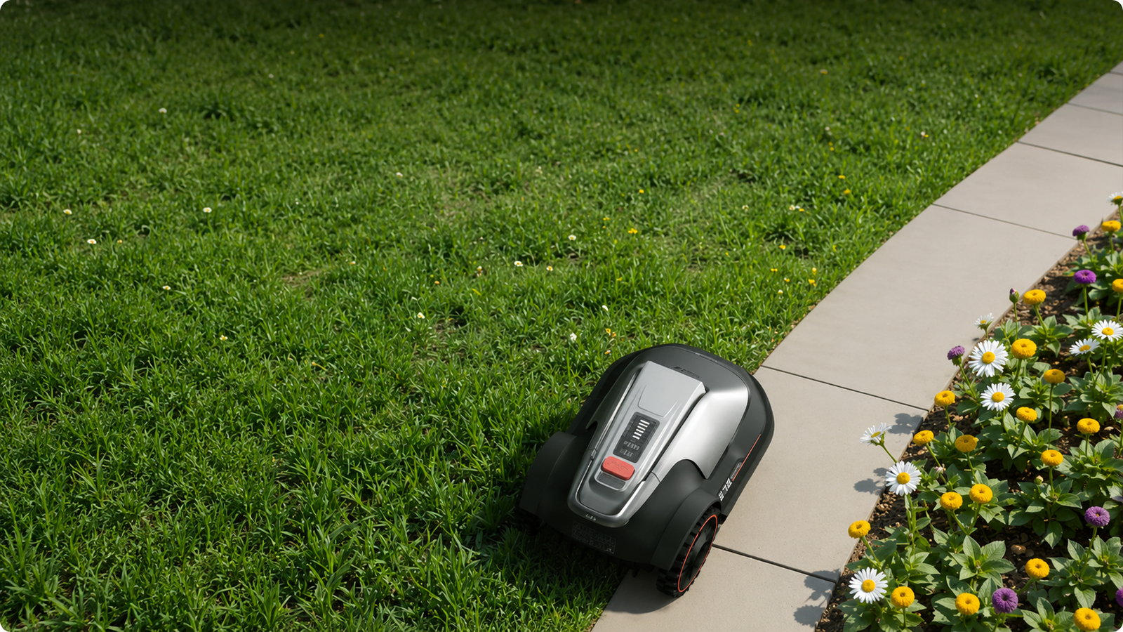 Eufy Mähroboter mäht Rasenkante neben Blumenbeet 