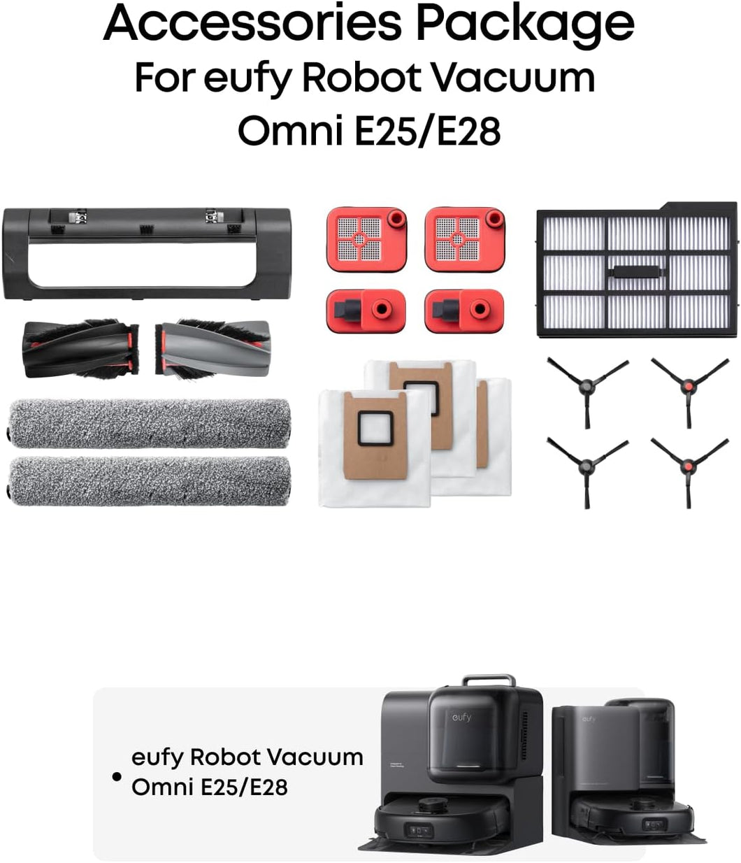 eufy Ersatzteil‑Set mit Rollbürste, Bürstenschutz, 2 Seitenbürsten, waschbarem Filter und 2 Wischtüchern für Omni Saugroboter E25/E28
