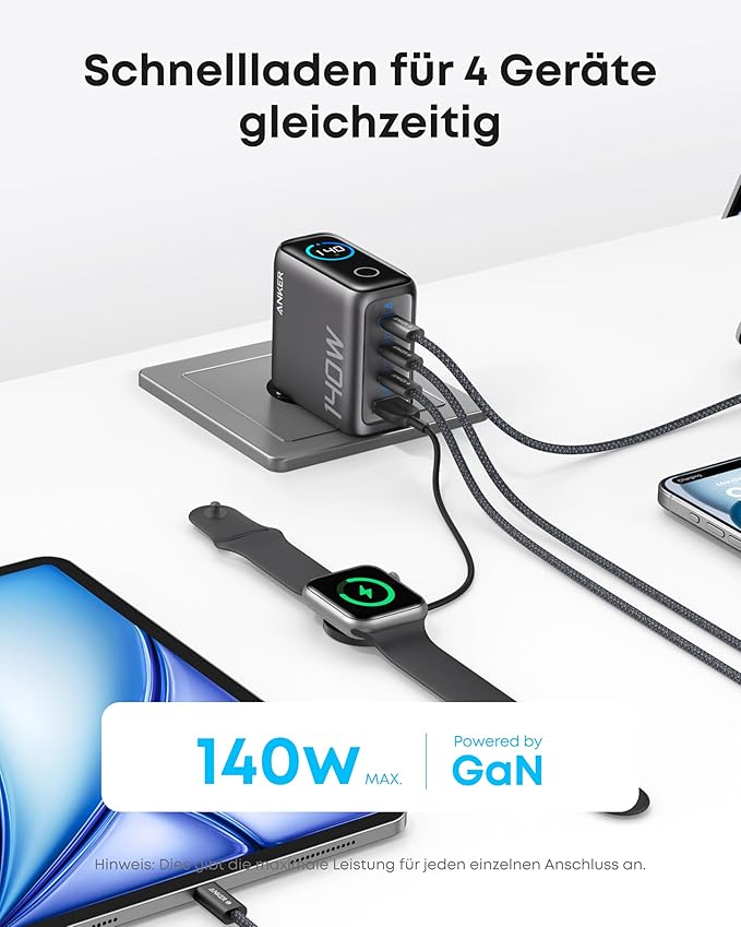 Anker Ladegerät (140W, 4-Port, PD 3.1) mit USB-C Kabel