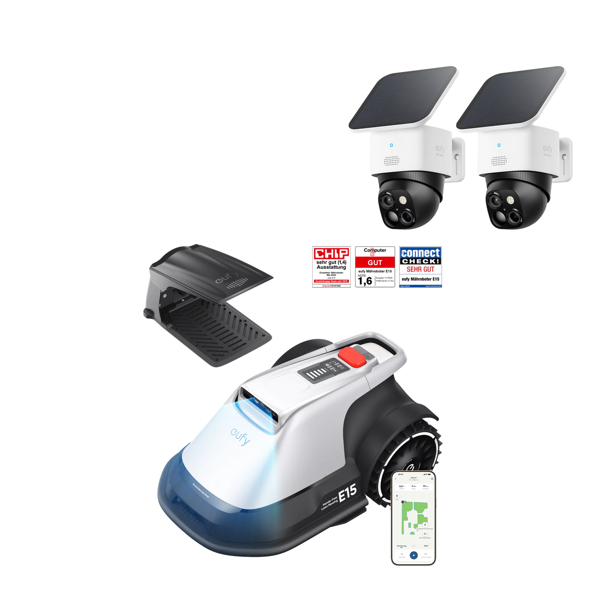 eufy Mähroboter E15 und eufyCam Solo S340 kabellose Überwachungskamera für Außen mit Dual‑Kamera und Solarpanel (2er‑Pack)