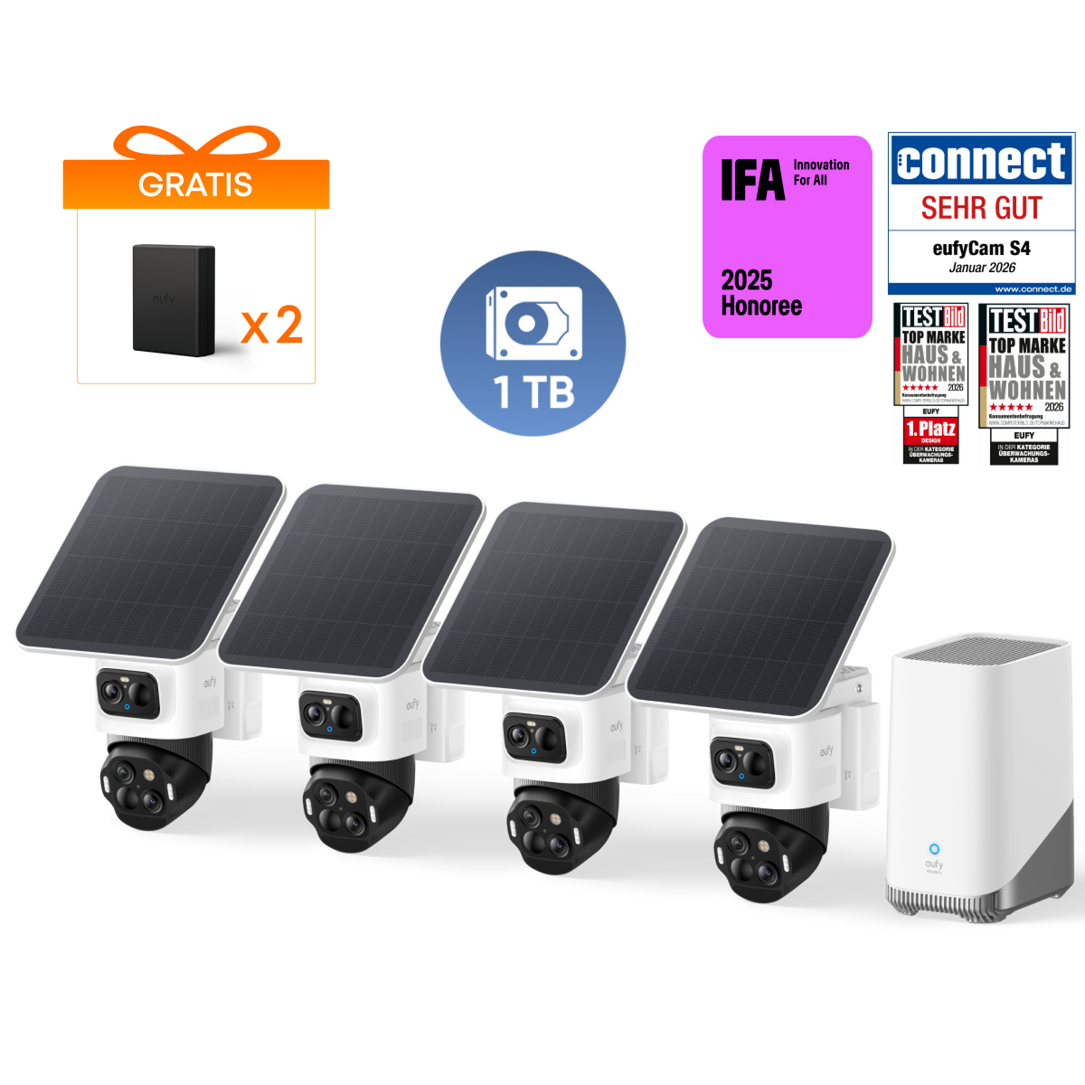 eufyCam S4 4‑Kamera‑Set, 1TB Festplatte