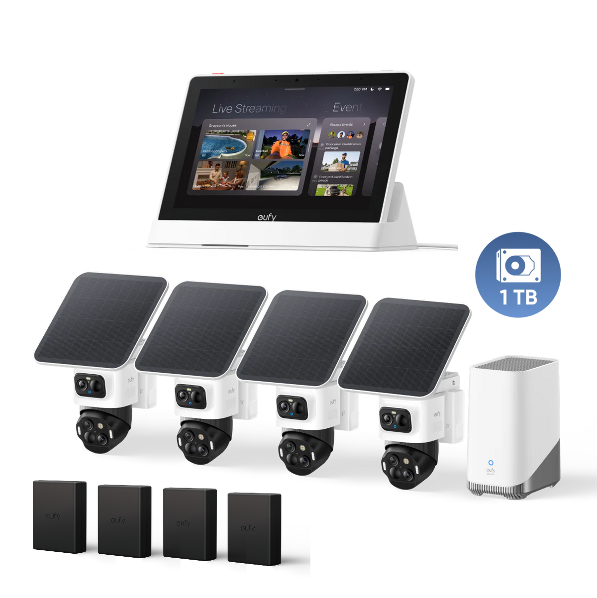 eufyCam S4 4‑Kamera‑Set, 1TB Festplatte und Smart display,mit Ersatzakku