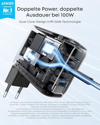 Anker Ladegerät (100W, 3 Ports, Smart Display) mit USB-C Kabel